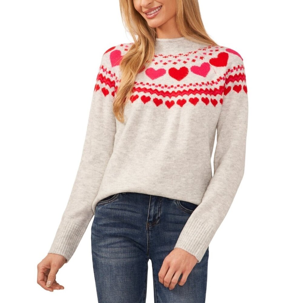 CeCe Women's Heart Fair Isle Mock Neck Long-Sleeve Sweater Gray Size M MSRP $79